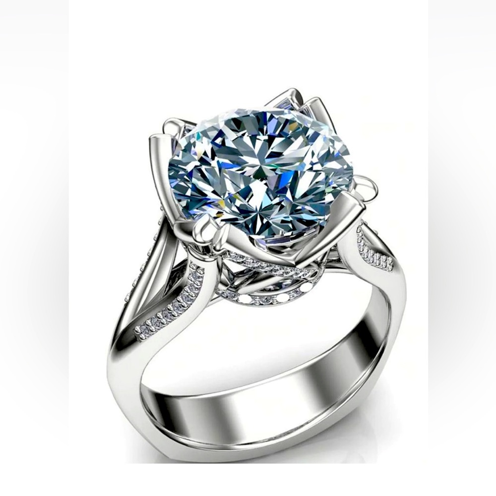 5.56Ct Vvs1+Ice G-H White Round Moissanite Diamond Engagement Silver Ring